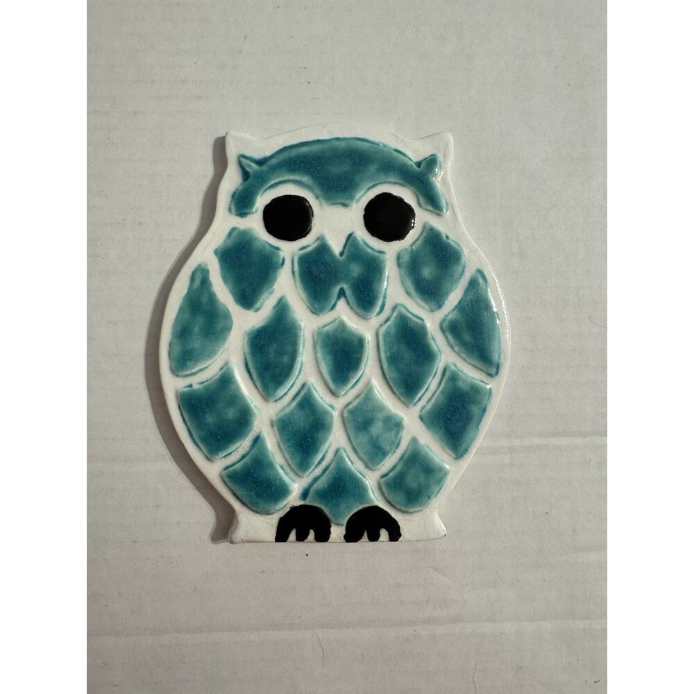 Small Teal Blue Owl Ceramic Plate Decor Handmade